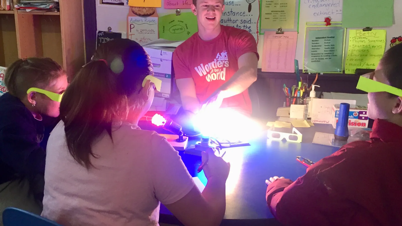 Elementary students watch an experiment